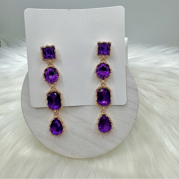 Dramatic Violet Rhinestone Water Drop long Earrings - Picture 2 of 4